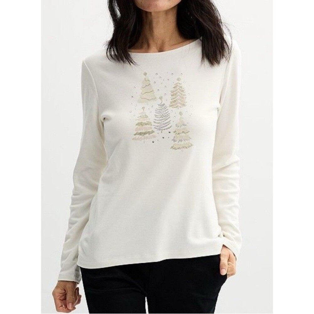 Christmas Croft & Barrow Cream Silver Gold Trees Long Sleeve T-Shirt SZ 0X New